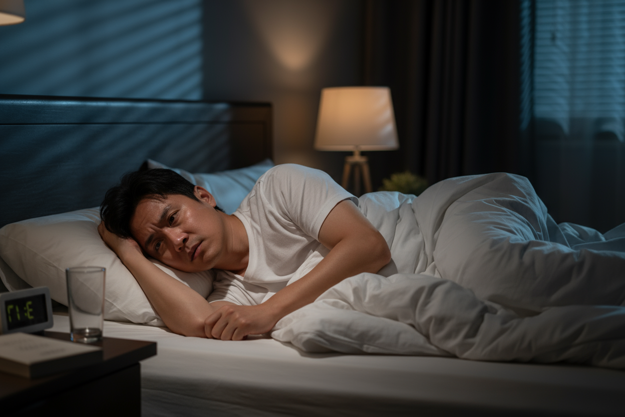 a asian man not sleep well on bed