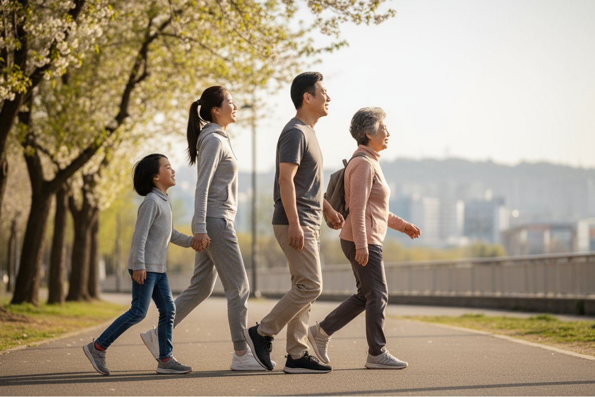 a few asian health people walking, wide age range, side view