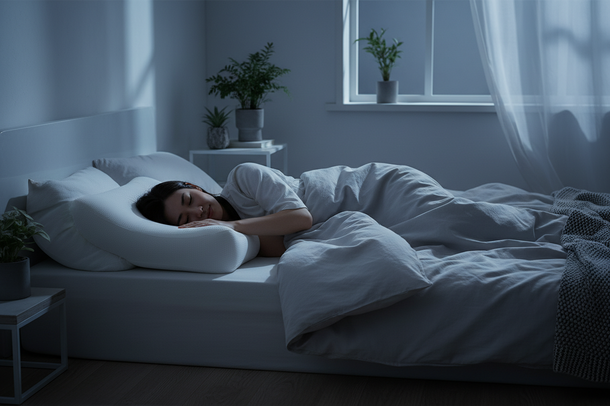 asian lady sleep claim at night on bed with memory foam pillow in pillow case, moon light