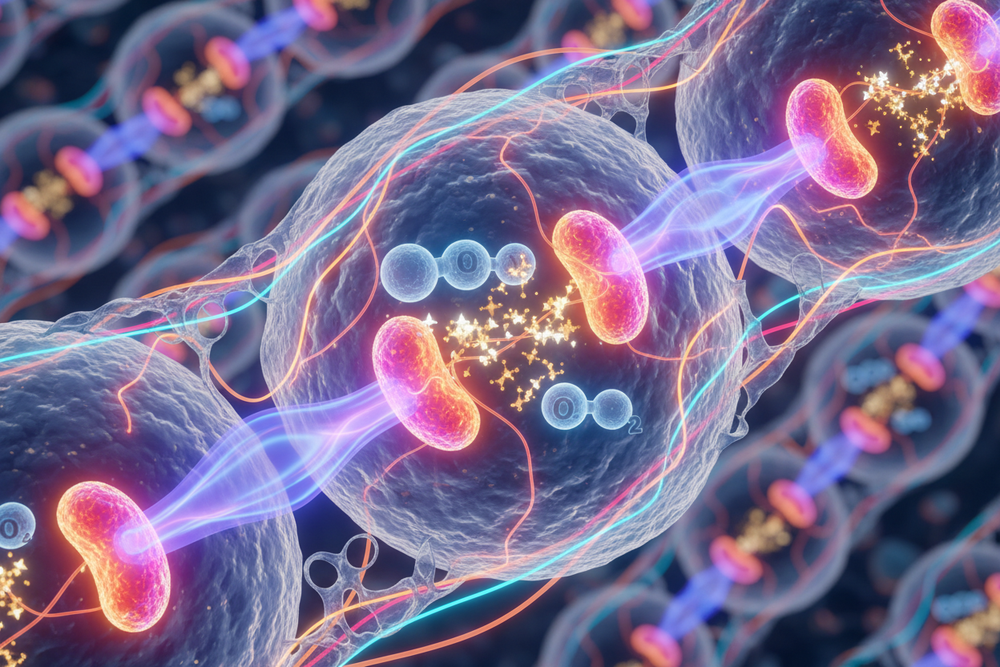 Far-infrared rays stimulate mitochondria within cells, enhancing the efficiency of adenosine triphosphate (ATP) synthesis. This improves oxygen utilization and mitochondrial biogeneration, promoting tissue repair, metabolic efficiency, and reducing oxidative stress, making you look more energetic. 3D concept photo bright tone, no text
