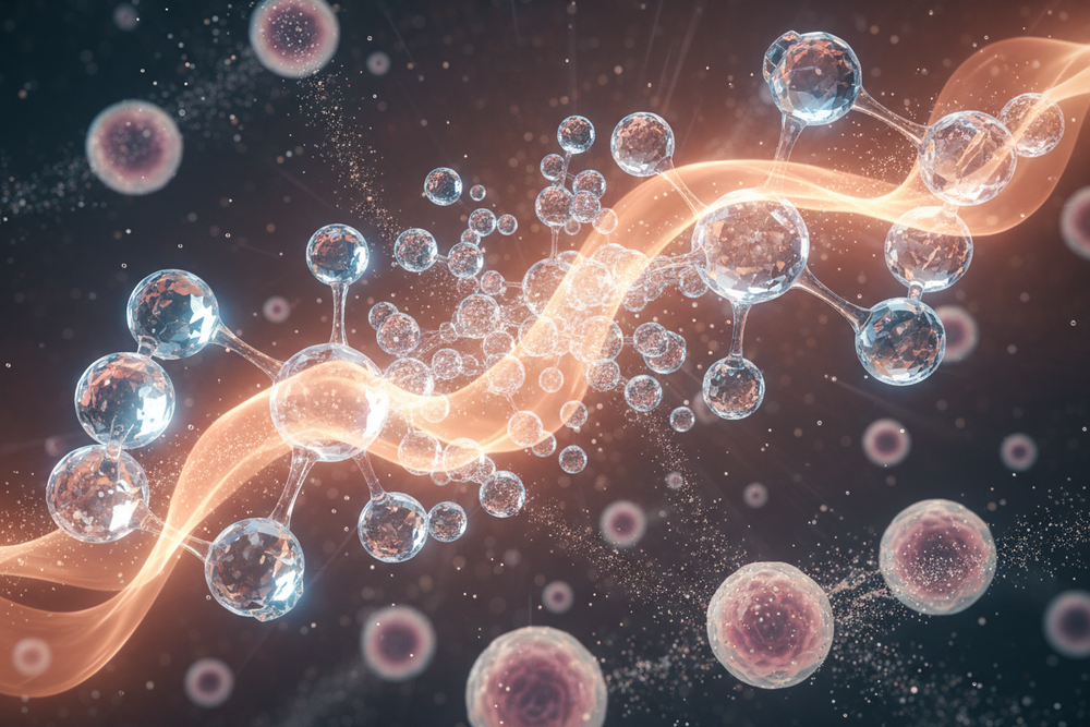 Far-infrared rays stimulate water molecule vibrations, breaking down large water clusters into smaller, more active groups of water molecules. This process enhances cellular hydration, accelerates detoxification and metabolism, and helps maintain the body's natural homeostasis. in concept 3D photo, no text