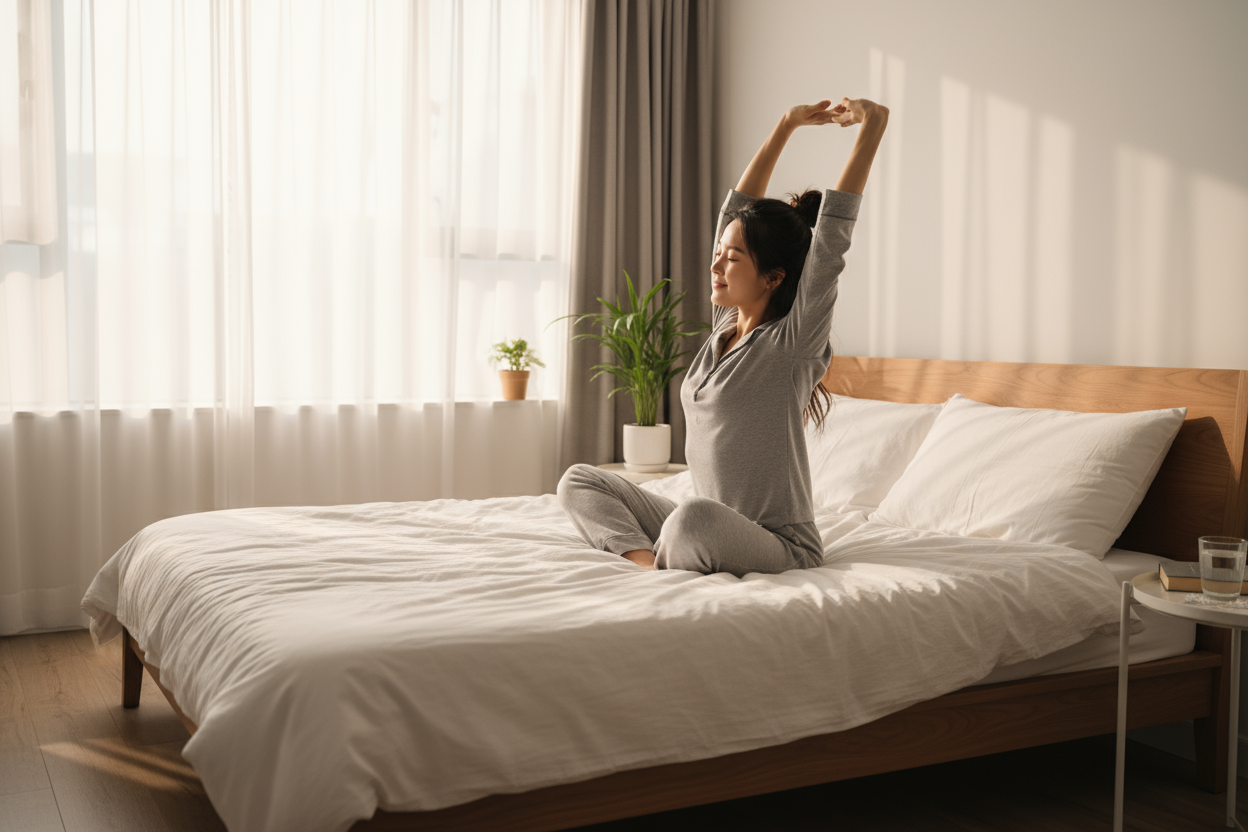 health morning, wake up on bed, asian young lady with clothes, side view