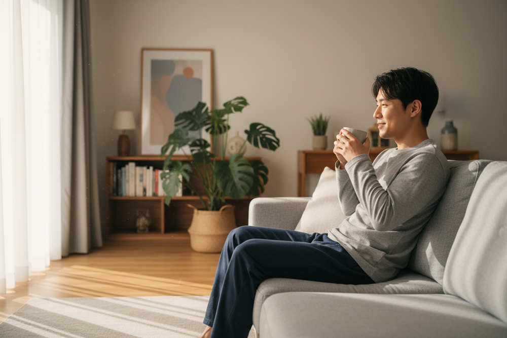 relax asian young man at the morning, home side view, wide shot